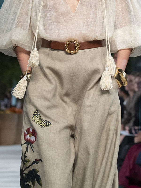 High Waisted Loose Belted Flower Print Pockets Pants Trousers