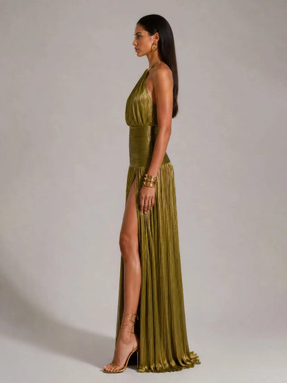 Amara Pleated Halter Maxi Dress with High Slit