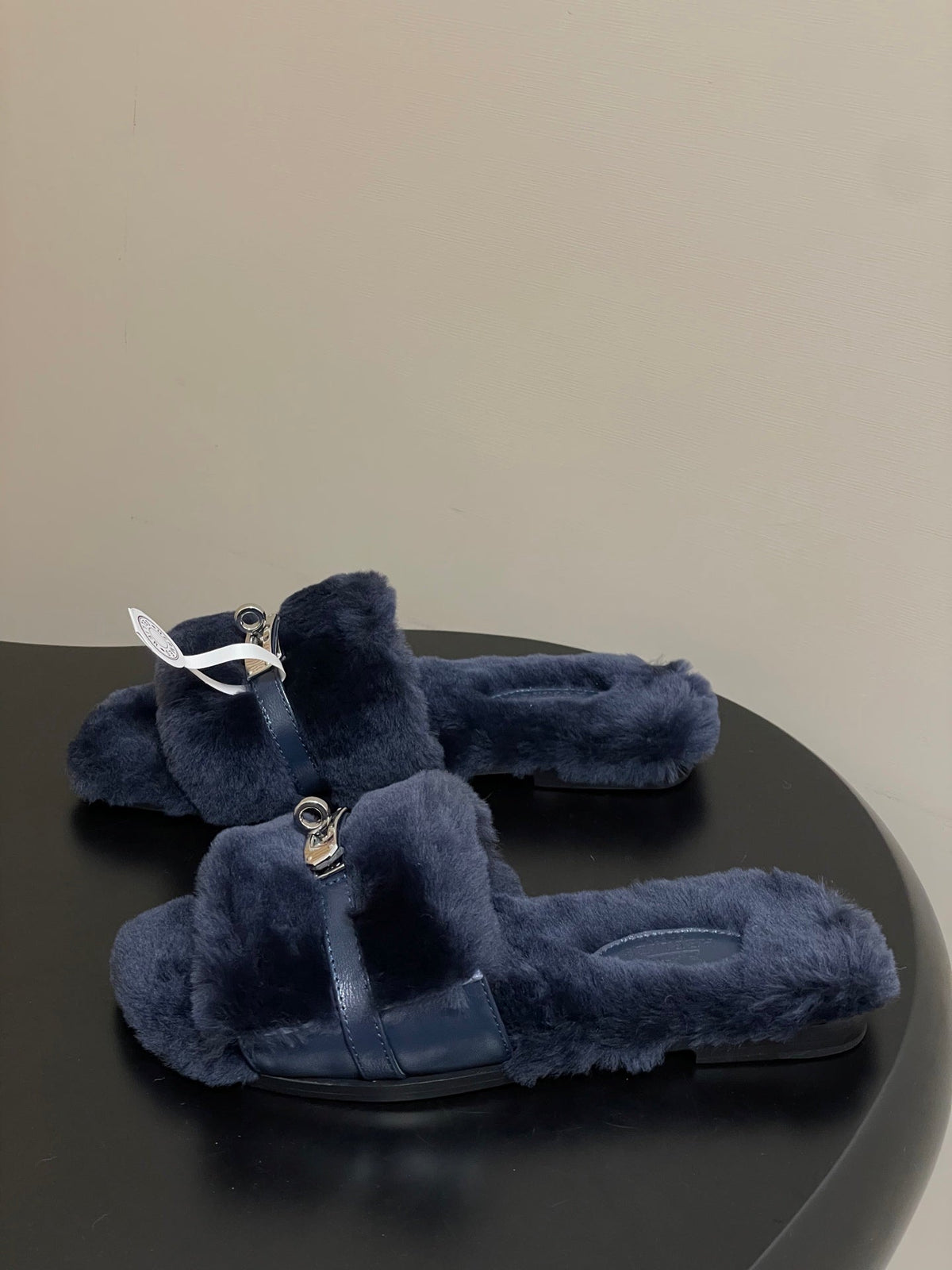 Hermes Giulia Kelly Buckle H-Slippers Navy Blue in Wool 594324