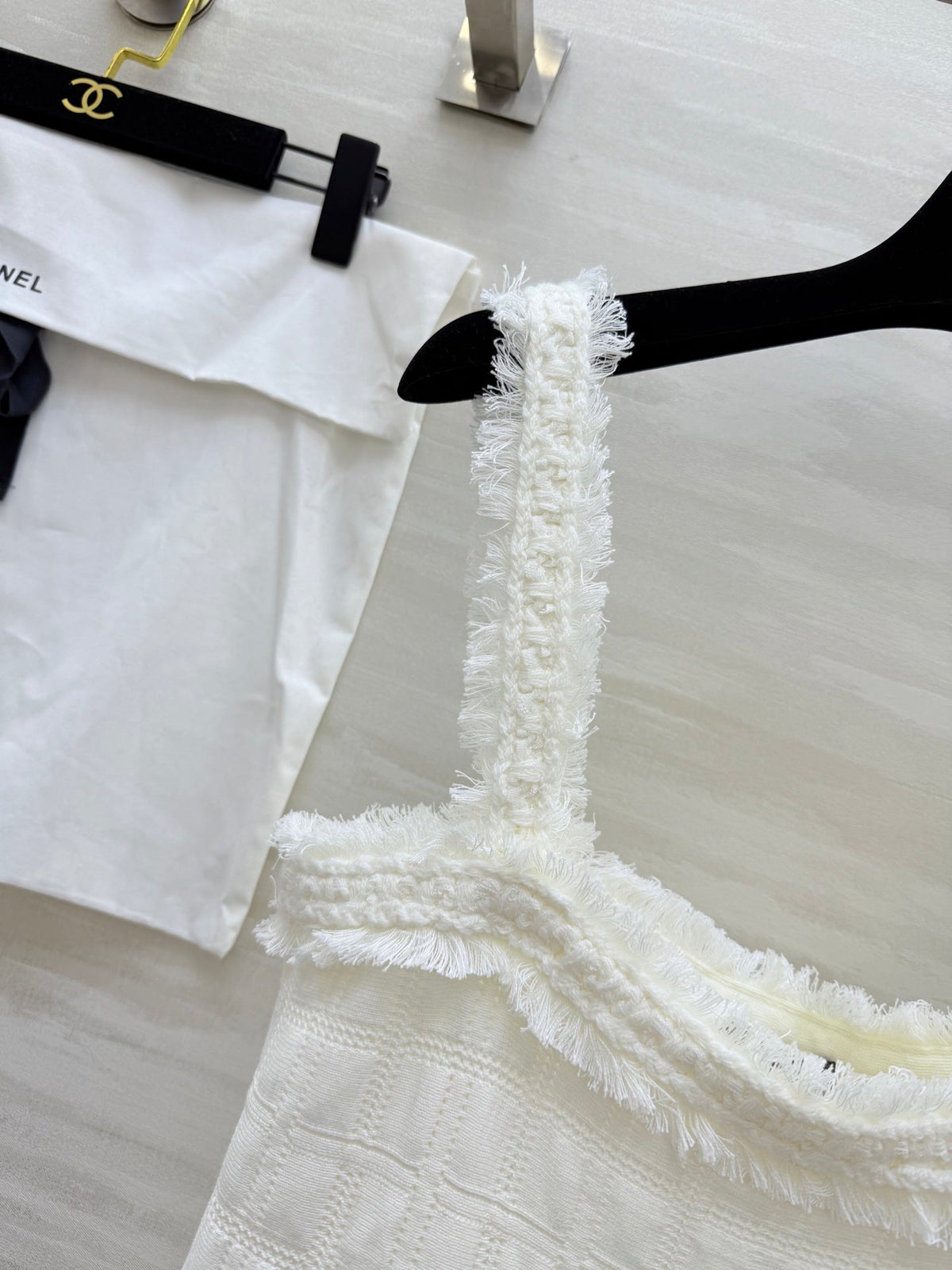 Chanel 2025 Raw-Edge Check Suspender Dress White Cotton 319515