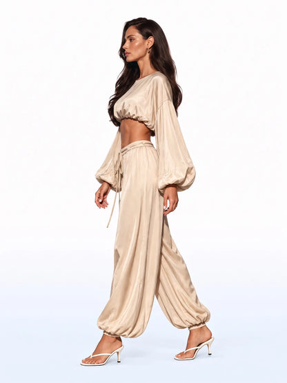 Lyla Balloon Sleeve Satin Two-Piece Set
