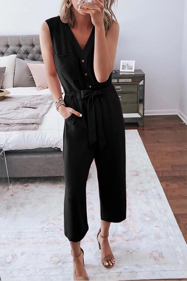 Buttoned Sleeveless Cropped Jumpsuit With Sash