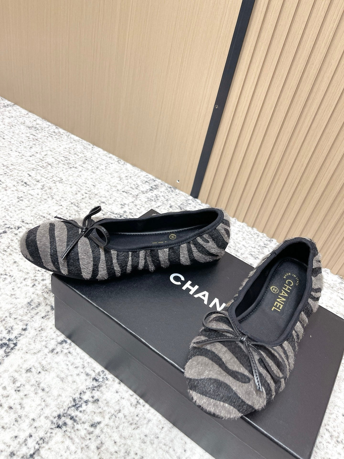 Chanel 26 Tiger Print Gray Black Ballet Flat in Sheepskin Wool 591375