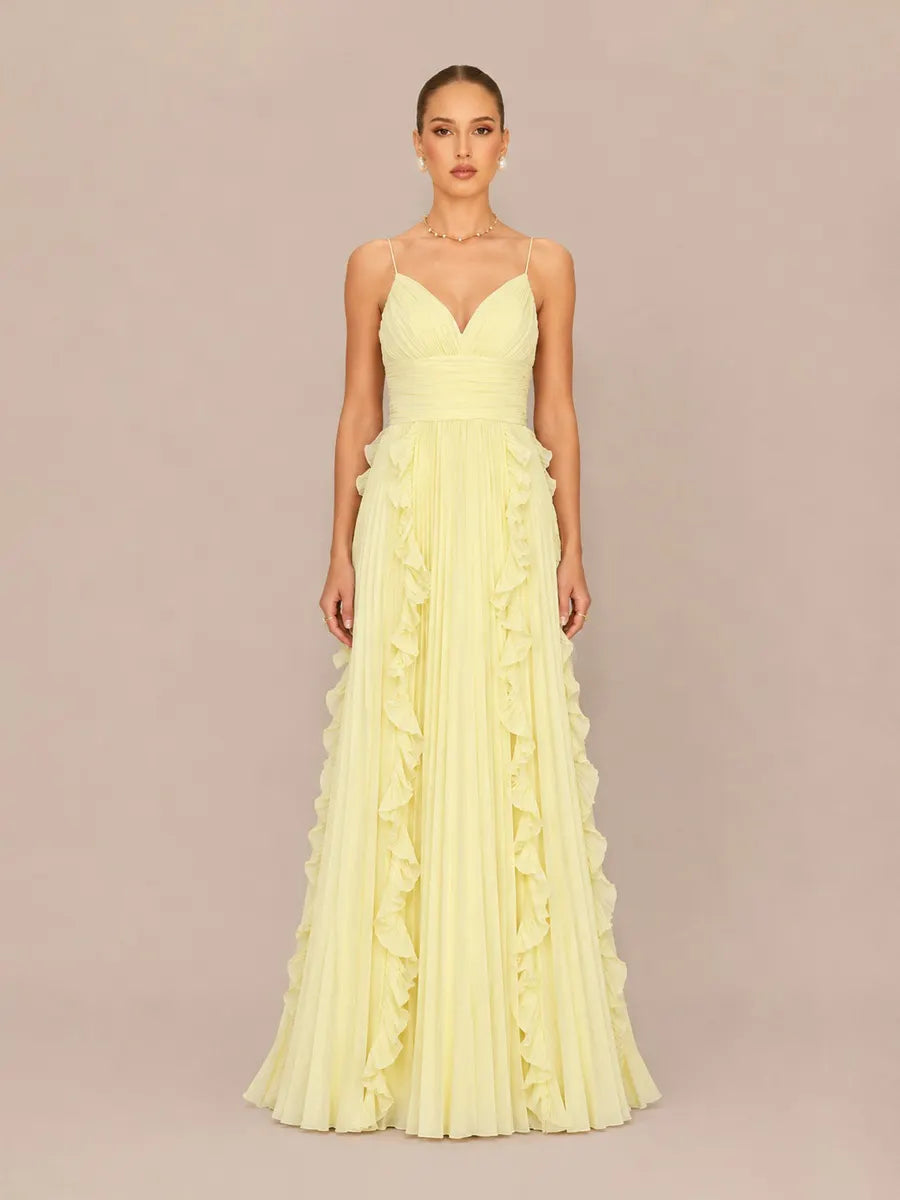 Marisol V-Neck Sleeveless Fitted Ruffled Pleated Maxi Dress