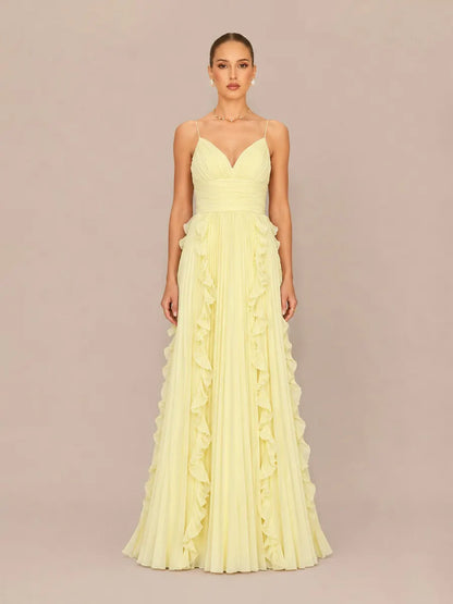 Marisol V-Neck Sleeveless Fitted Ruffled Pleated Maxi Dress