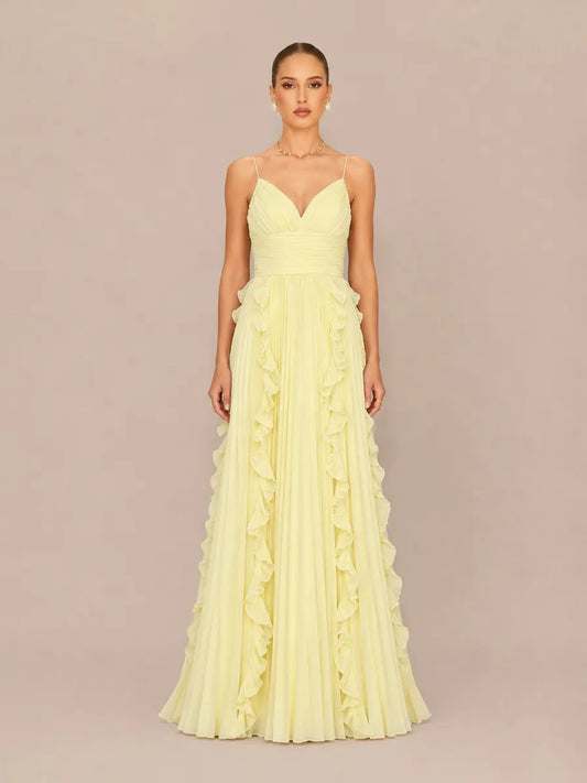 Marisol V-Neck Sleeveless Fitted Ruffled Pleated Maxi Dress