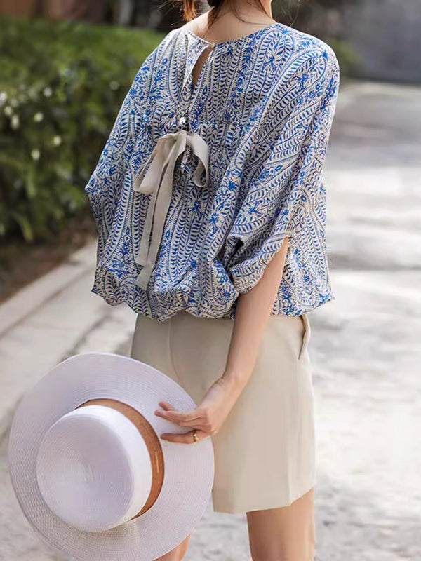 Batwing Sleeves Bow-Embellished Floral Printed Round-Neck Blouses&Shirts Tops
