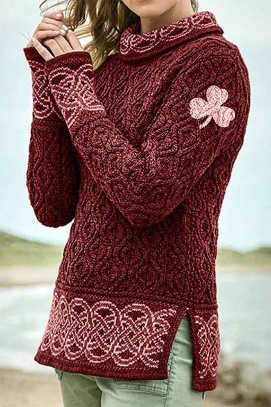 Women's Celtic Knotted Clover Creative Jacquard Turtleneck Sweater