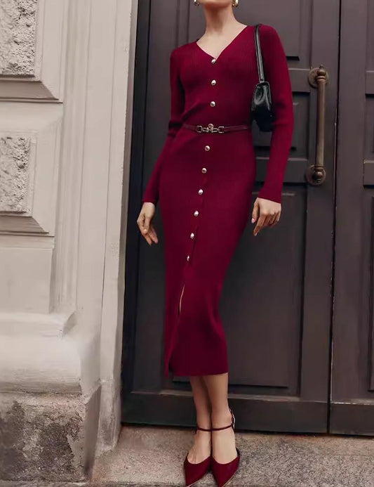 Fall Long Sleeve V-Neck Button Knit Dress