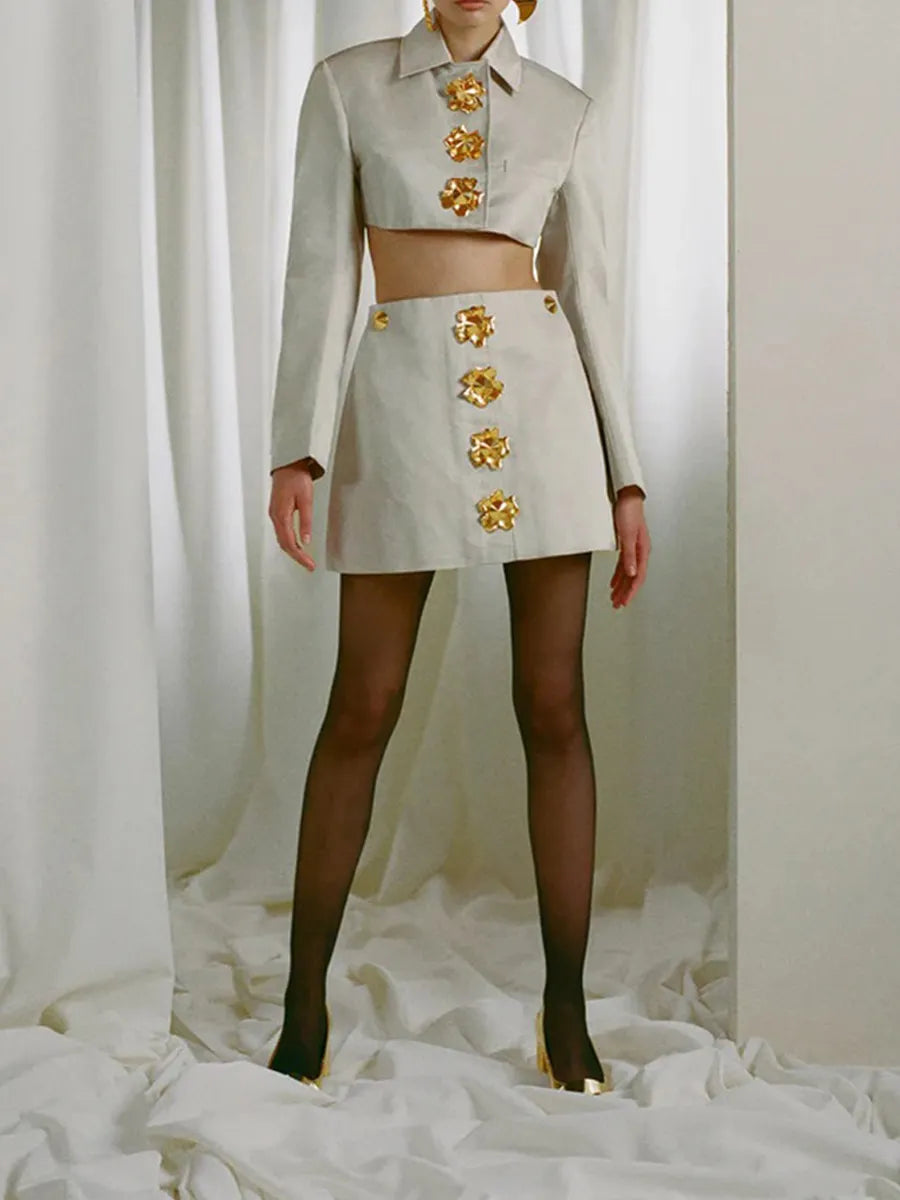 Inez Metal-Buttoned Shirt Skirt Set