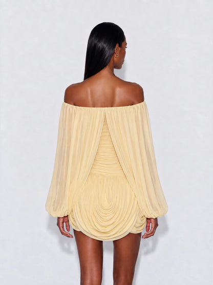 Arwen Off Shoulder Ruched Chiffon Mini Dress In Yellow