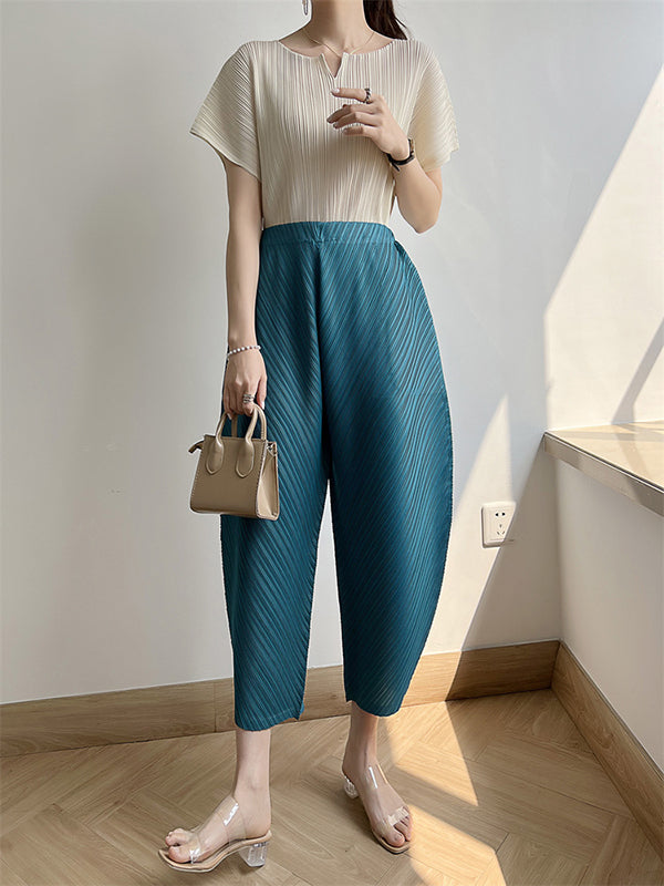Harem Pants High Waisted Elasticity Pleated Solid Color Split-Joint Ninth Pants Pants Trousers
