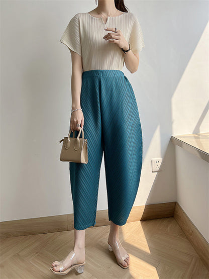 Harem Pants High Waisted Elasticity Pleated Solid Color Split-Joint Ninth Pants Pants Trousers