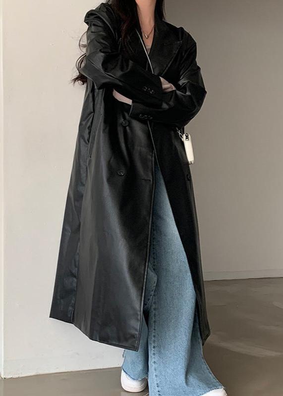 Black PU Leather Trench Coat Double Breasted Style