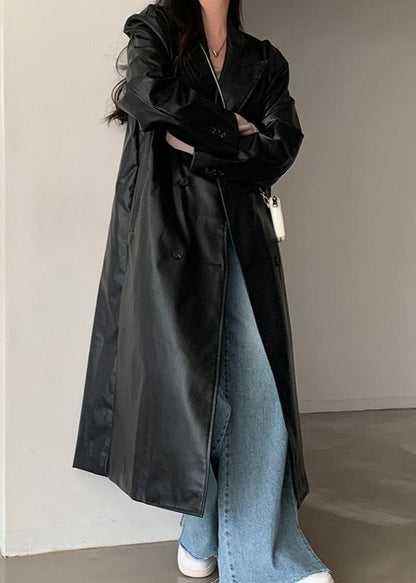 Black PU Leather Trench Coat Double Breasted Style