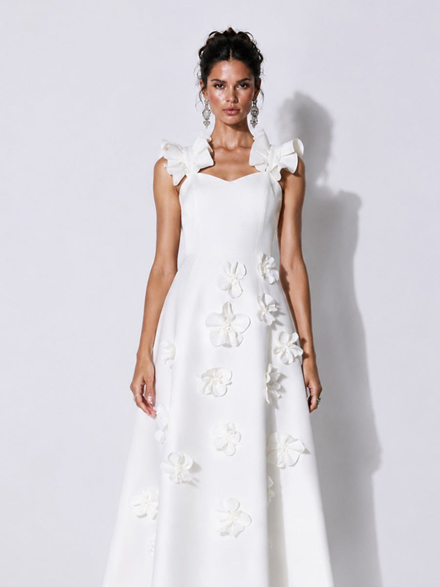 Hazel Elegant 3D Floral Ruffle Maxi Dress