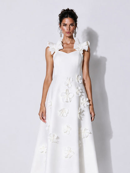 Hazel Elegant 3D Floral Ruffle Maxi Dress