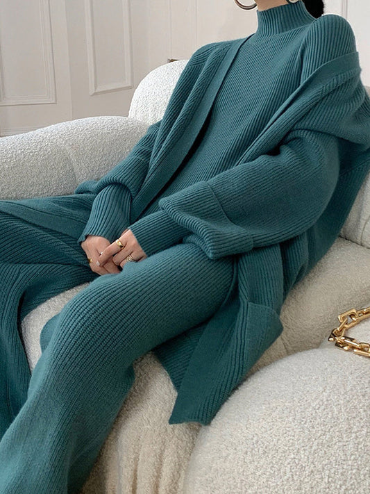 Wide Leg Belted Pockets Solid Color High-Neck Cardigan&Sweater Tops&Pants Suits