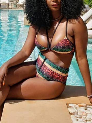 Split High-Waist National Wind-Stripe Printing Bikini Swimsuit