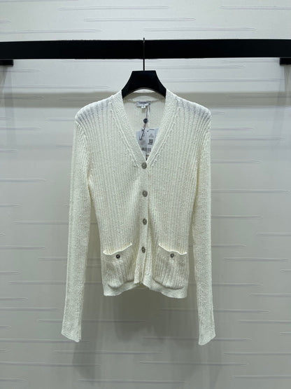 Chanel 2026 V-neck Knit Cardigan White and Black Wool Viscose