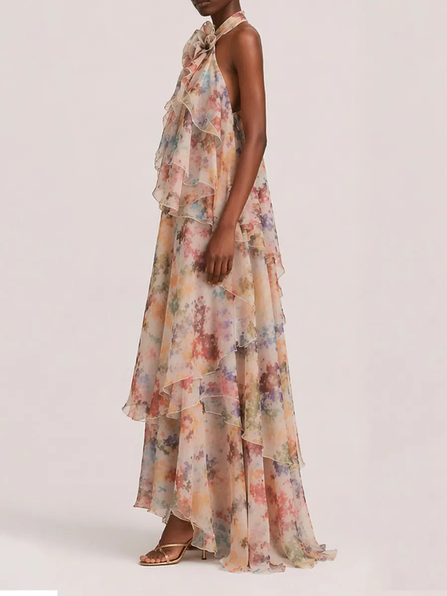 Ada Tiered Printed Mesh Maxi Dress