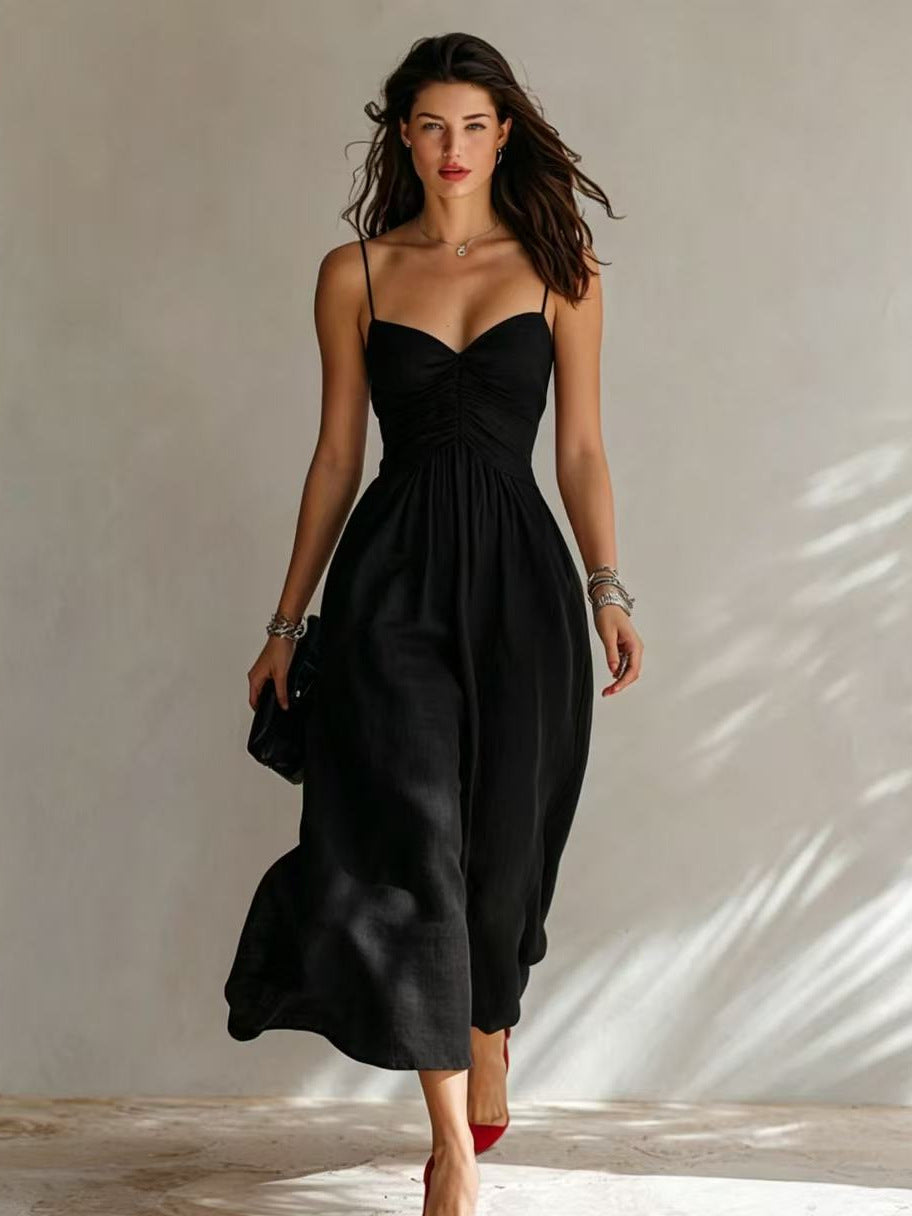 Linen Spaghetti Strap Sweetheart Ruched Bust Flowy Midi Dress