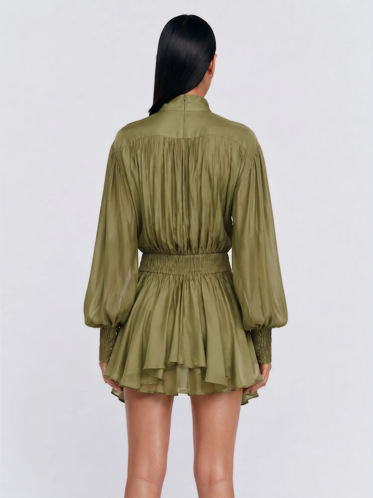 Bellatrix Stand-Collar Gathered Lantern-Sleeve Mini Dress