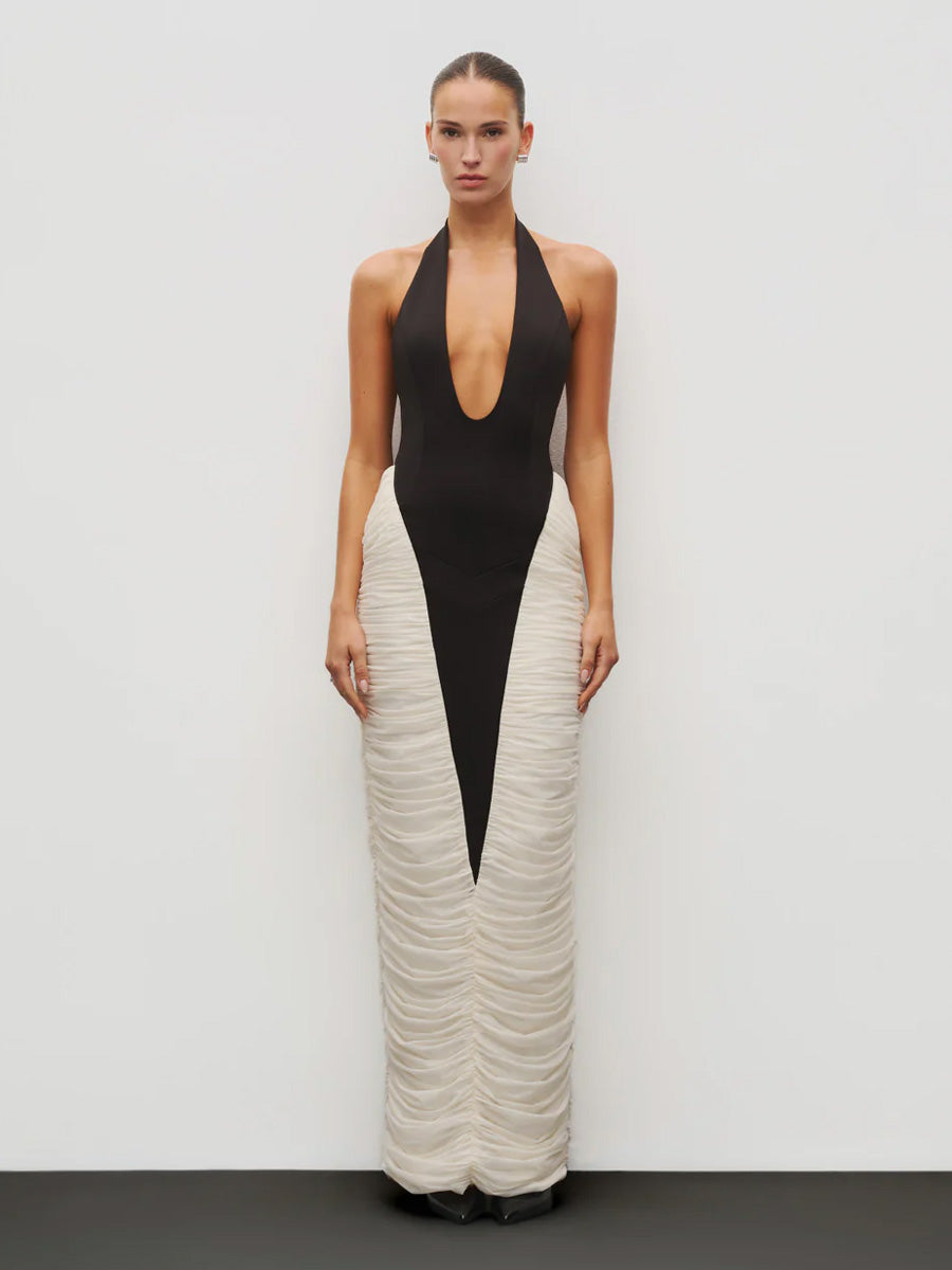 Mia Deep V-Neck Contrast Panel Evening Dress