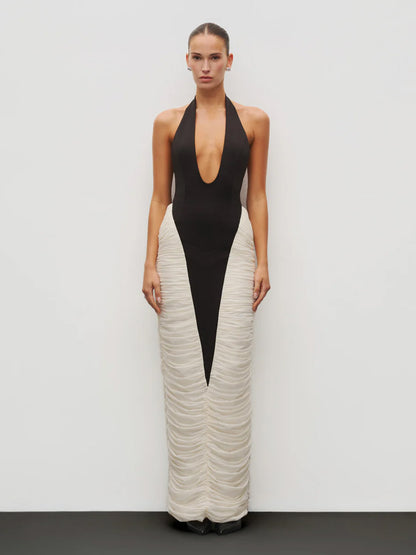Mia Deep V-Neck Contrast Panel Evening Dress