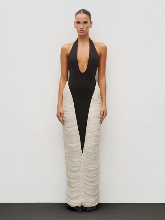 Mia Deep V-Neck Contrast Panel Evening Dress