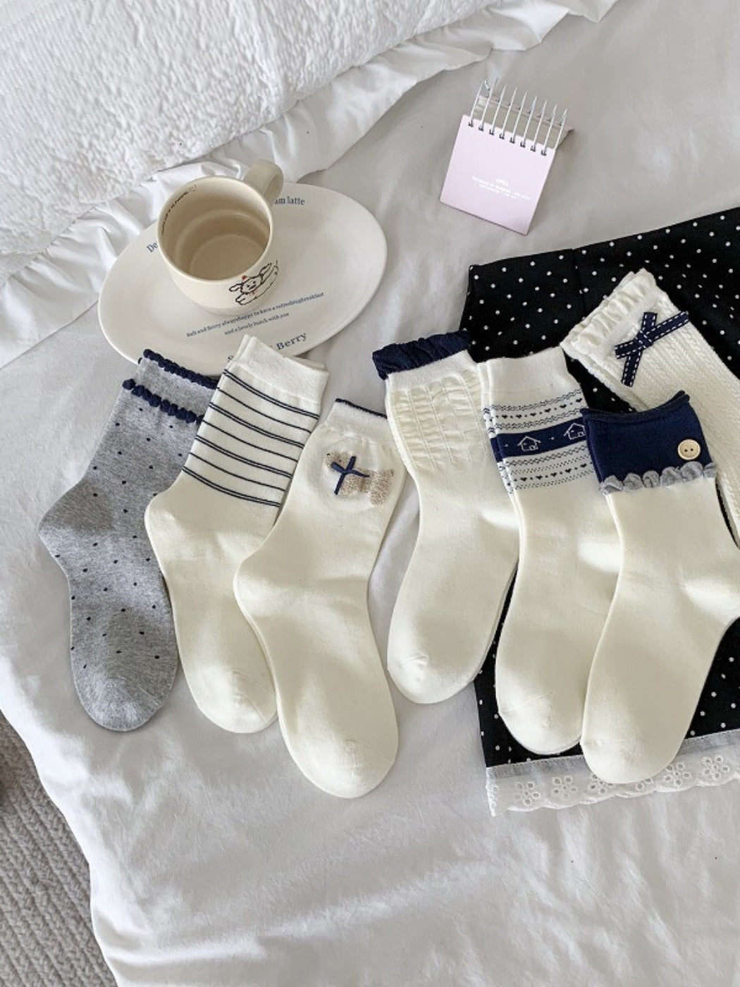 Rufia - White Mid-calf Socks with Various Patterns – 7 Options
