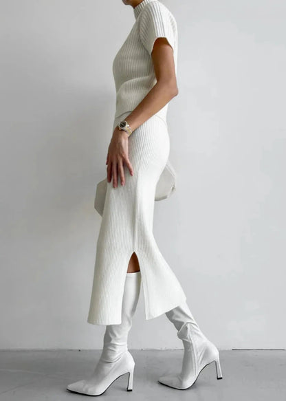 Two Piece Knit Set With Mock Neck And Skirt