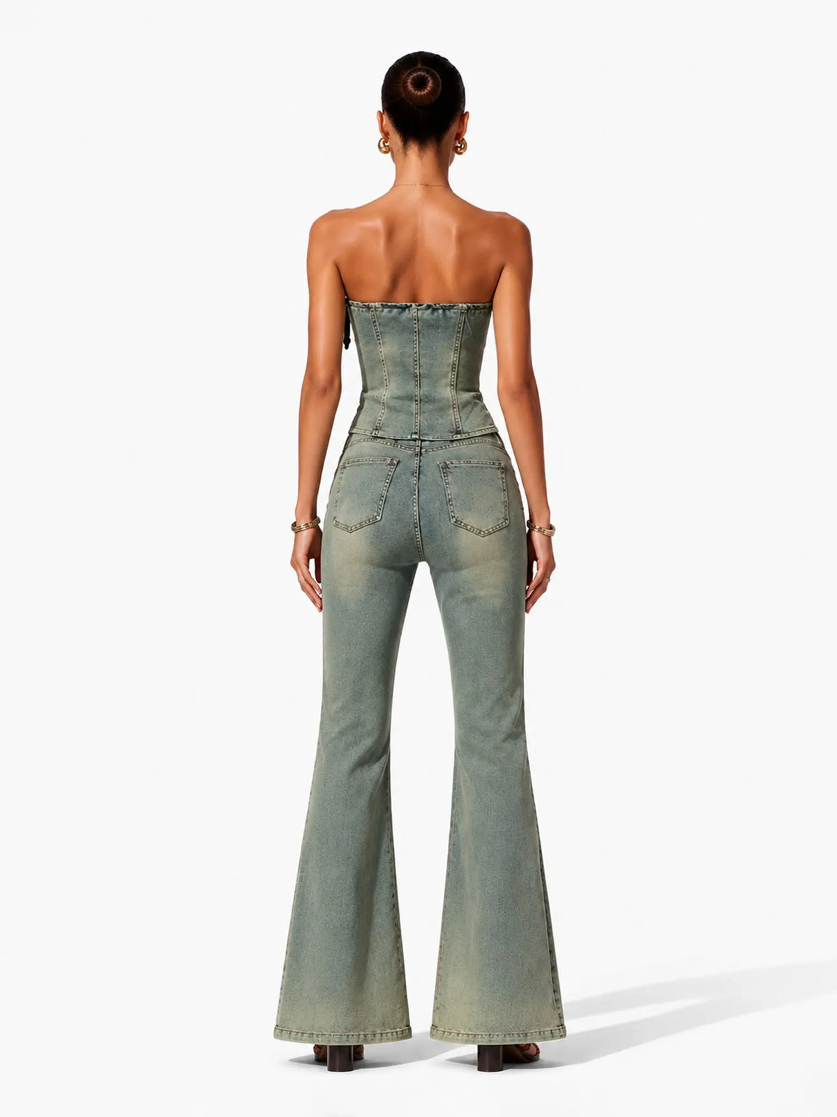 Sophia Chic Contour Bow Denim Top And Pant Two Piece Set