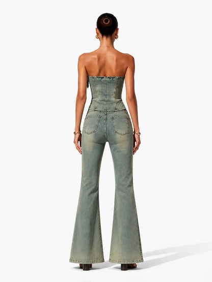 Sophia Chic Contour Bow Denim Top And Pant Two Piece Set