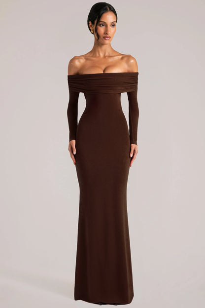 Off-Shoulder Long-Sleeve Maxi Dress in Chocolate Brown