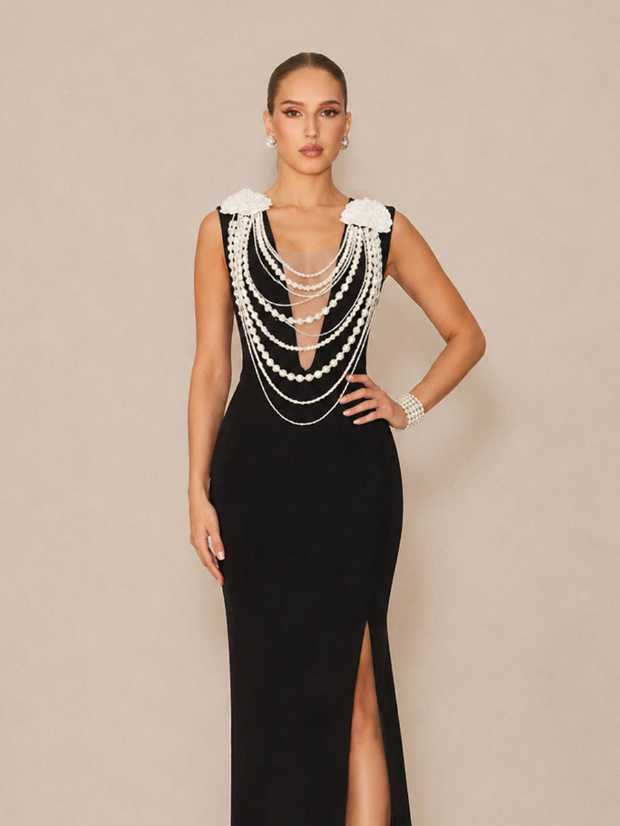 Ashlyn Elegant Deep-V Maxi Dress with Pearl Chain Detail
