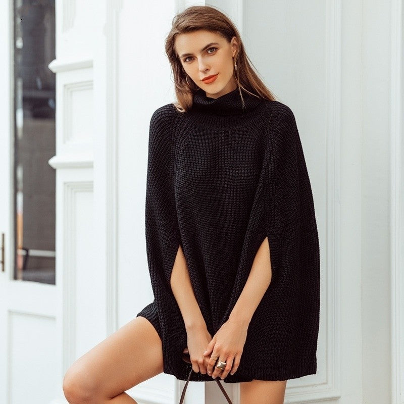 Solid Color Loose Poncho High Neck Sweater