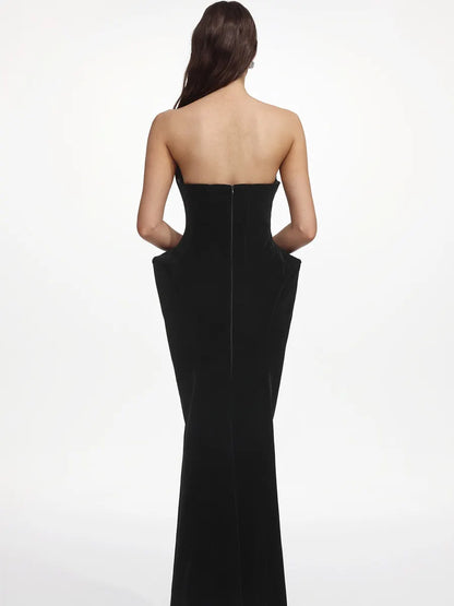 Imelda Chic Tailored Strapless Sculpted Velvet Maxi Dress