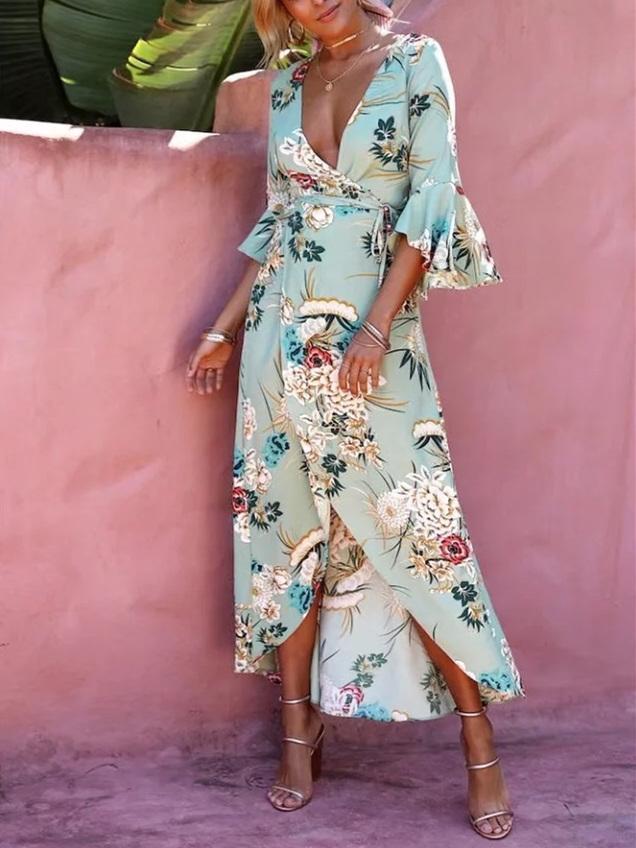 Bohemia Asymmetric V-Neck Split-Front Maxi Dress