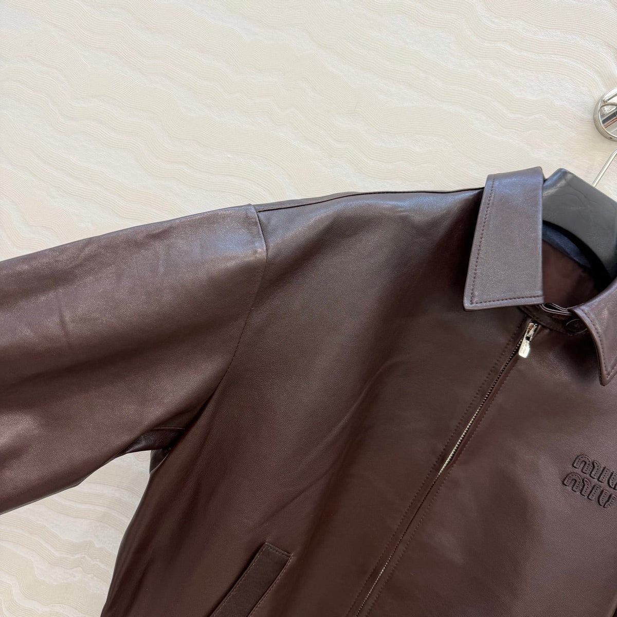 Miu SS26 Nappa Leather Blouson Jacket Marrone Lambskin 348080