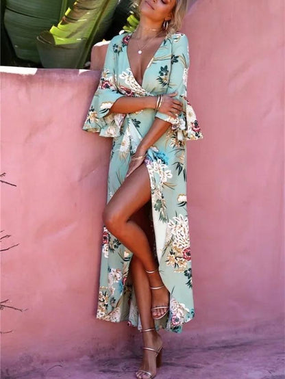 Bohemia Asymmetric V-Neck Split-Front Maxi Dress