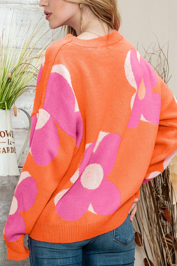 Pink \u0026 Orange Floral Cable Knitted Sweater