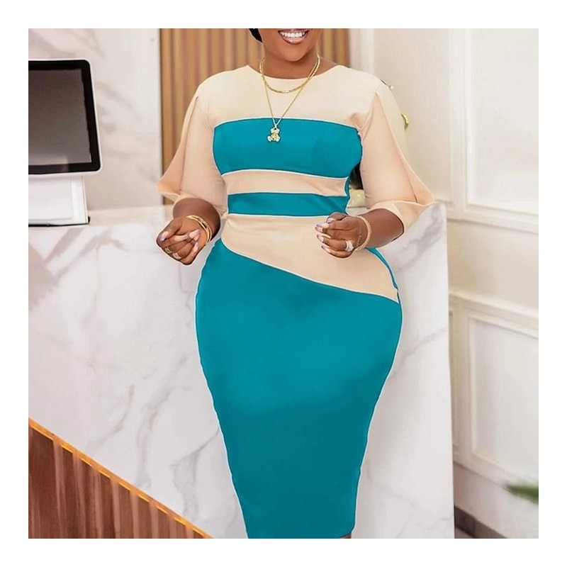 Plus Size OL Split Sleeve Colorblocking Hipster Dress