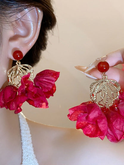 Earwish - Rose Red Floral Tassel Earrings