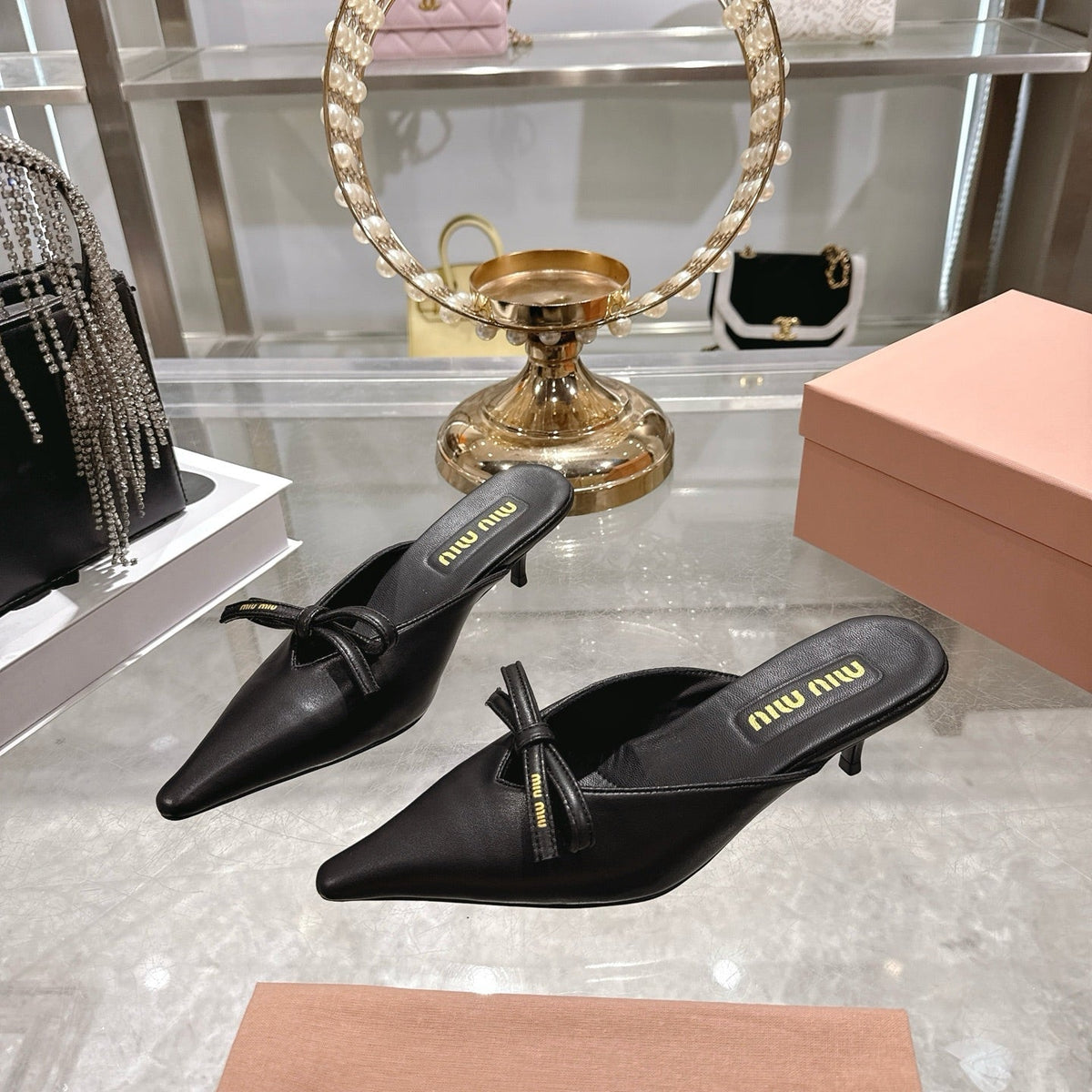 Miu 26 Pointed Toe Mule 45 Black Sheepskin 592089