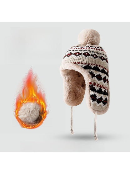 Haila - Jacquard Patterned Fleece-Lined Knitted Beanie with Earflaps