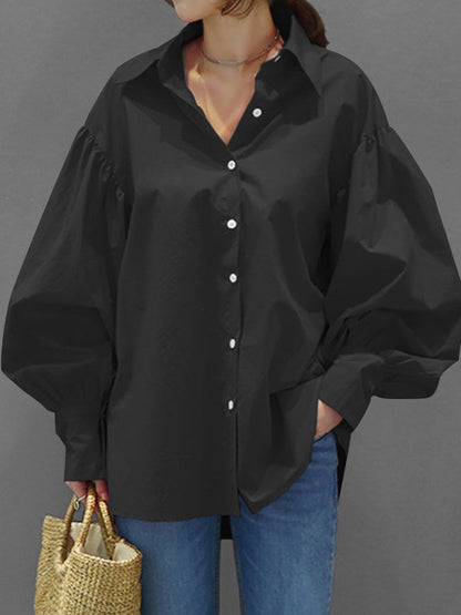 Long Sleeves Loose Buttoned Pleated Solid Color Lapel Blouses&Shirts Tops