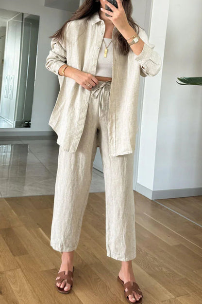 Casual Cotton Linen Shirt \u0026 Cropped Pants Two-Piece Set