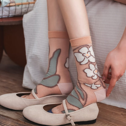 Rufia - Lace Flower Color-block Crew Socks - Sweet &amp; Retro