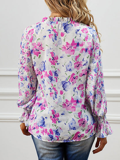 Flared Sleeves Long Sleeves Buttoned Elasticity Hollow Printed Tied V-Neck Blouses&Shirts Tops